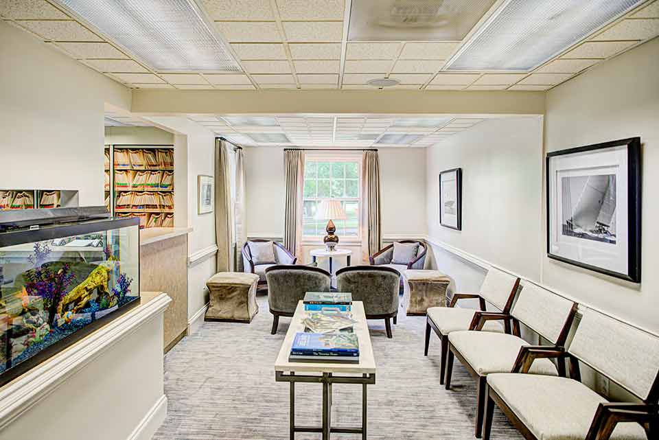 Reception and wait area at Myers Park Dental Partners in Charlotte, NC